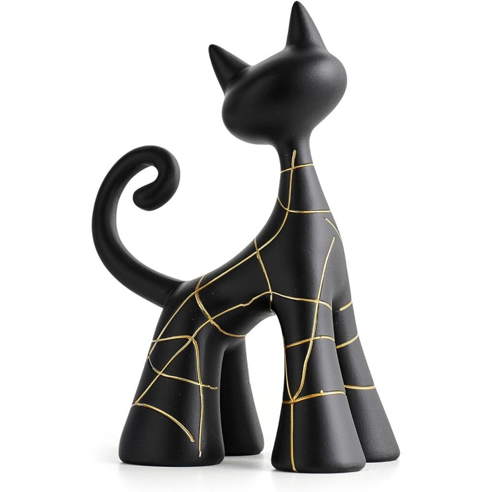 Modern Black and Gold Lines Cat Figurine Decor - Abstract Shelf/Office Statue